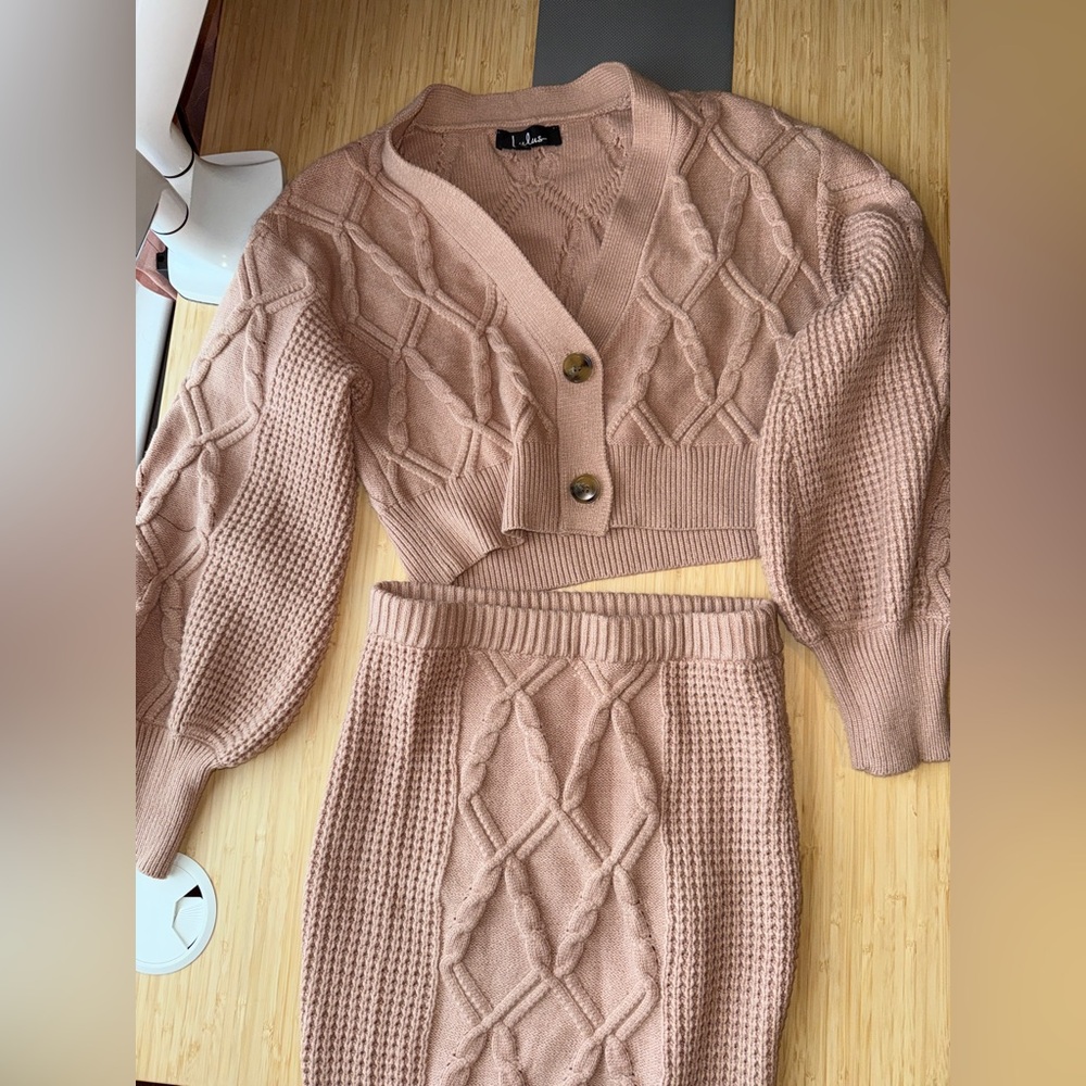 Lulu's Blush Pink Cable Knit Sweater and Skirt Two Piece Set